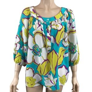 Trina Turk 100% Silk Blouse Balloon Sleeves Size Small Bright Floral Print‎